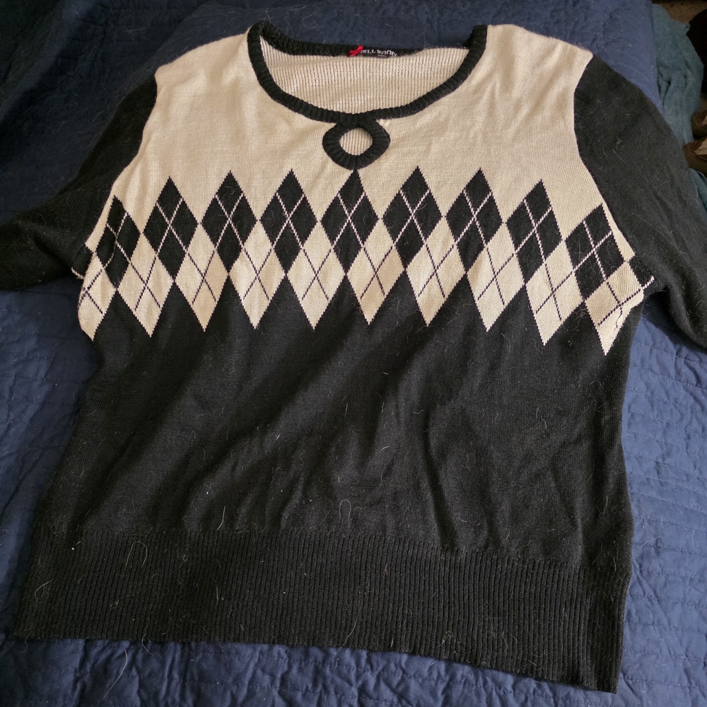 Hell Bunny Black and Cream Argyle Sweater
